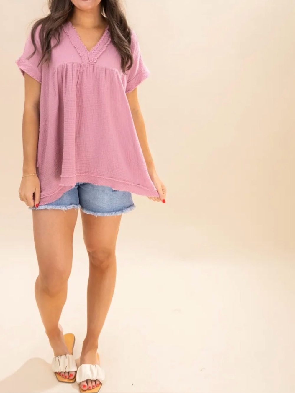 Zenana Pink washed Double Gauze Raw Edge V-neck Babydoll Top Cap Sleeve Size Med